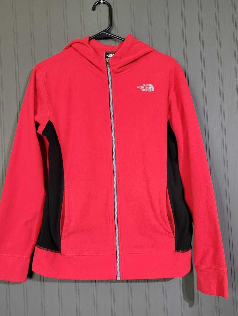 The North Face Long Sleeve Full Zip Fleece Hooded Jacket Red Black Youth Boys XL